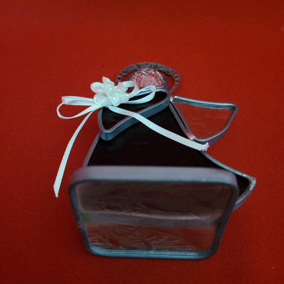 Vintage Stained Glass Free Standing Angel Holding a Flower Blue Suncatcher Pewte - Picture 5 of 12